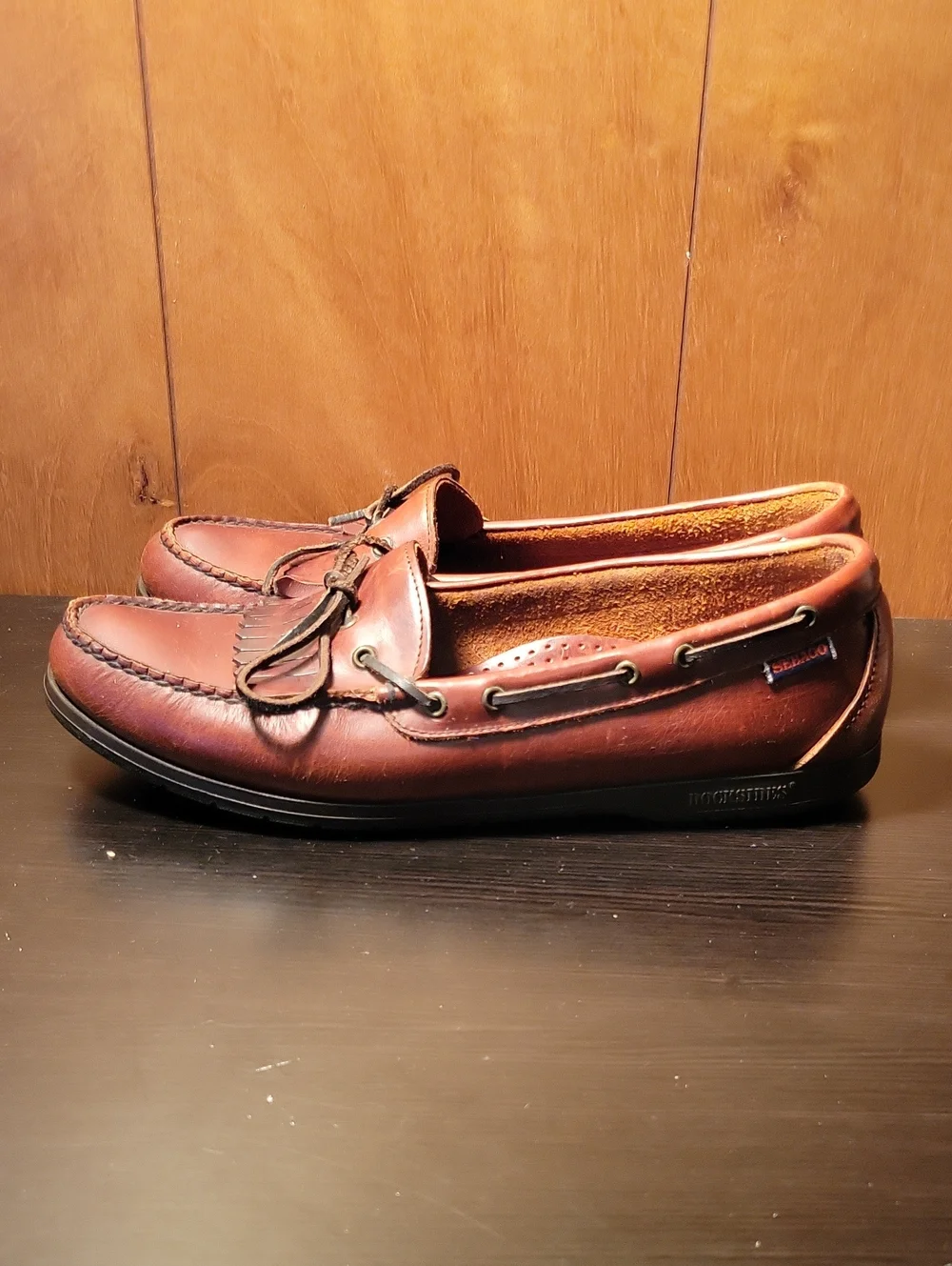 Vintage Sebago Men's Brown Leather Boat Shoes with Fringe